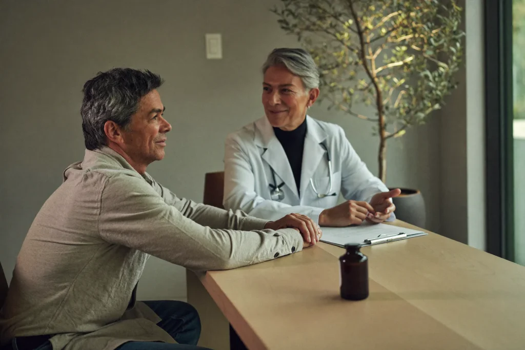 Plastic surgeon discussing arm lift options with a weight loss patient in a serene Dubai clinic.