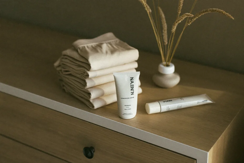 Close-up of folded compression garments and scar care items for arm lift recovery at home near Dubai.