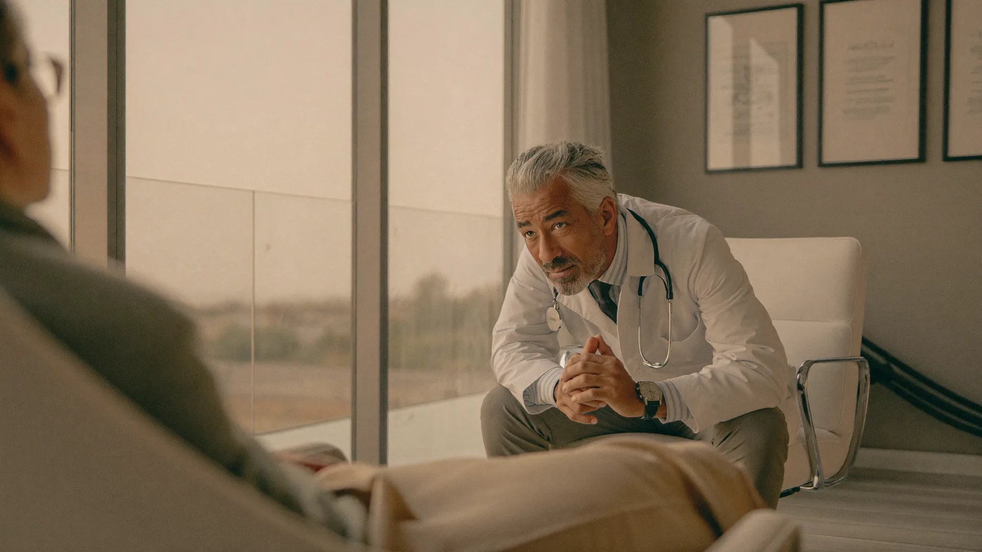 Board-certified plastic surgeon consulting with a patient in a bright, modern Dubai office.
