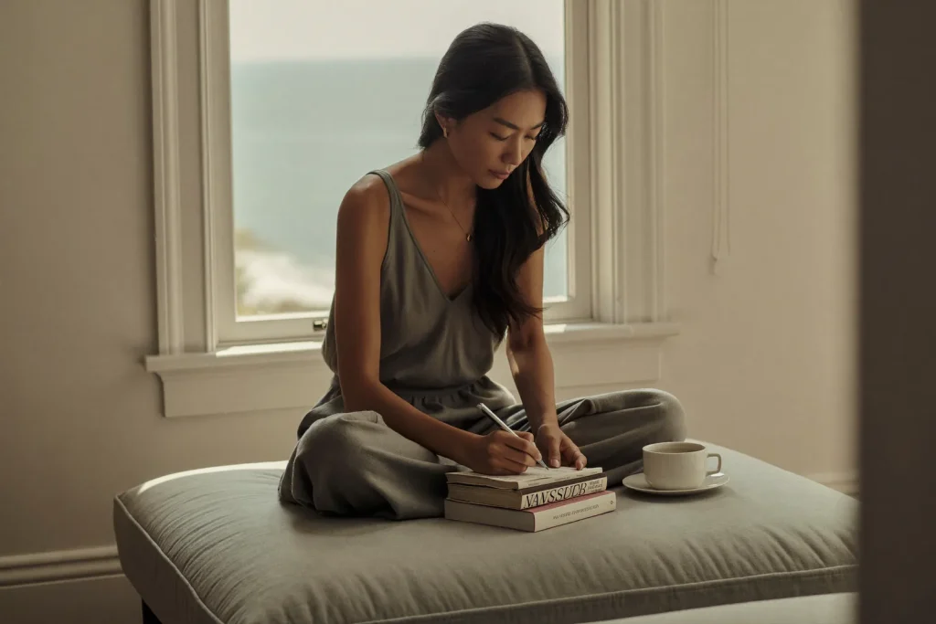 Woman keeping notes on her breast implant wellness routine at home near Dubai.