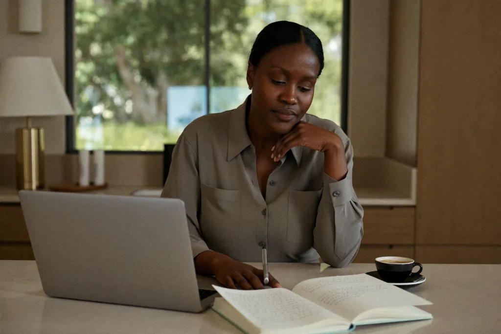 Woman researching how to choose a board-certified plastic surgeon from her home near Dubai.