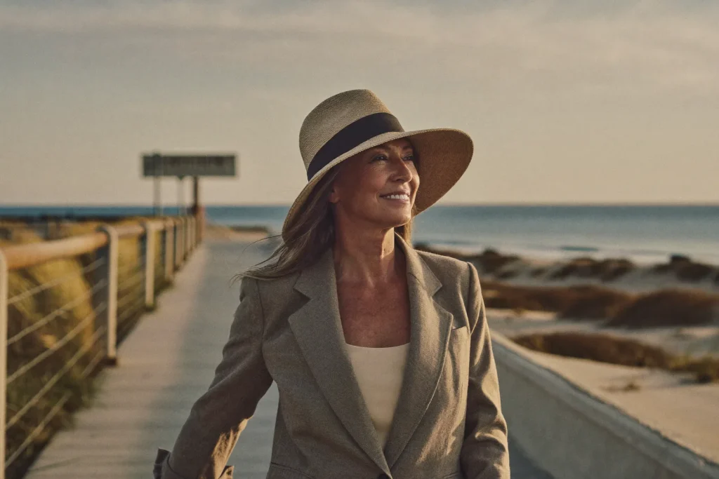 Confident mature woman enjoying a coastal walk months after facelift recovery in Dubai.