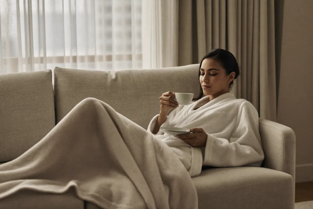 Woman resting comfortably at home during mommy makeover recovery near Dubai, wrapped in a soft robe with tea.