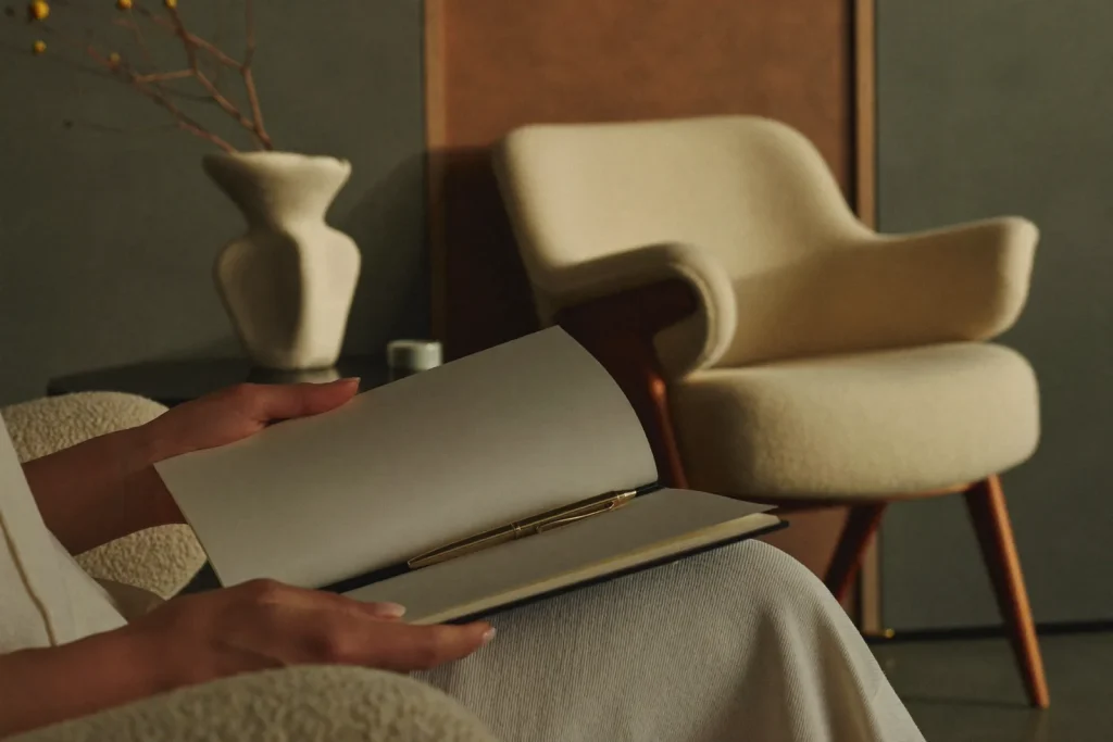 Close-up of a patient's notebook of consultation questions during a plastic surgeon visit in Dubai.