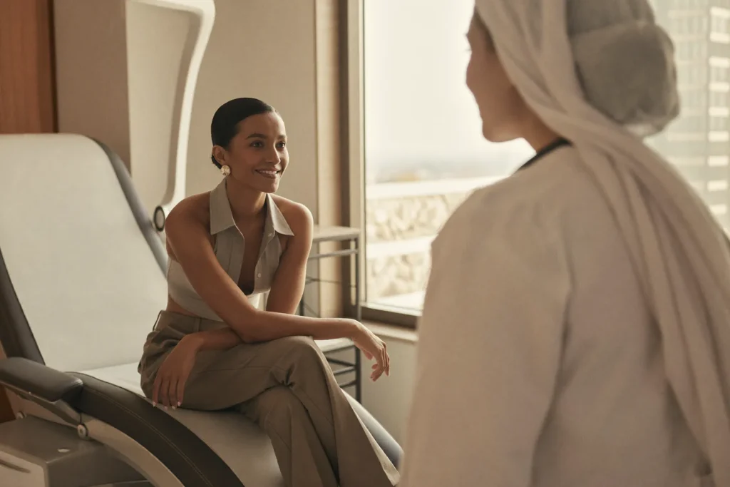 Patient at a follow-up visit with her Dubai rhinoplasty surgeon in a modern sunlit exam room.
